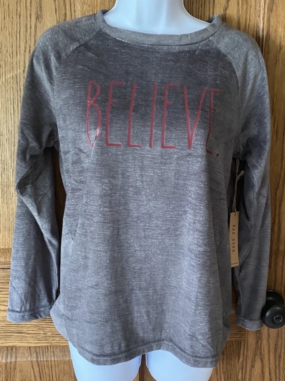 NWT Rae Dunn Believe Velour Crewneck Sweatshirt - Gray with Red Text